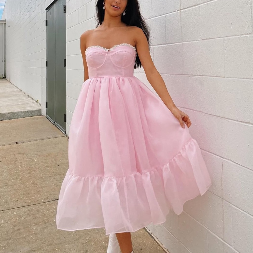 Selkie Strapless Pastel Pink Tulle Midi Dress with Ruffle Hem